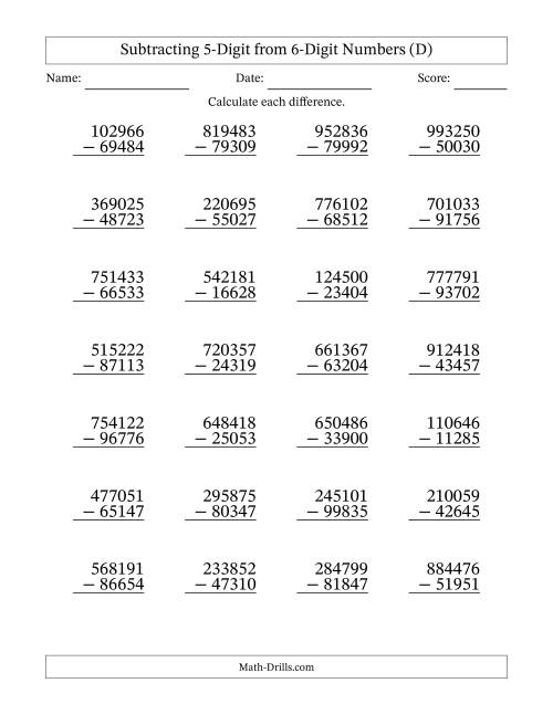 The Subtracting 5-Digit from 6-Digit Numbers With Some Regrouping (28 Questions) (D) Math Worksheet