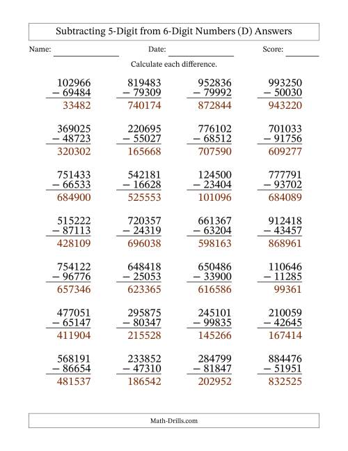 The Subtracting 5-Digit from 6-Digit Numbers With Some Regrouping (28 Questions) (D) Math Worksheet Page 2