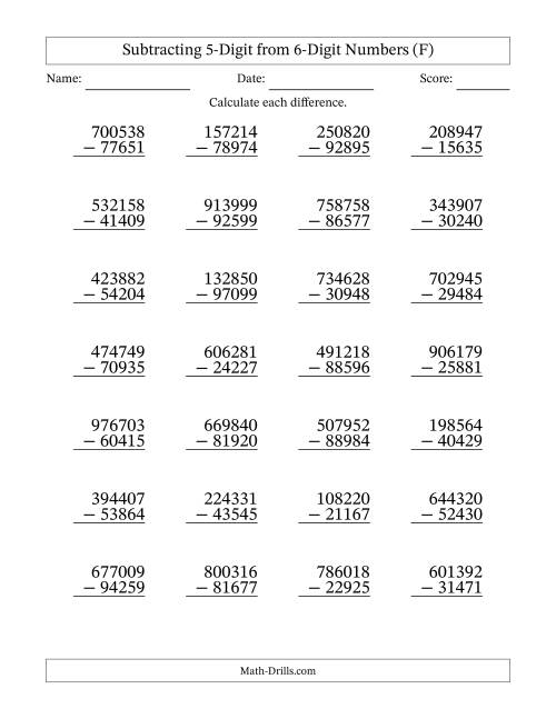 The Subtracting 5-Digit from 6-Digit Numbers With Some Regrouping (28 Questions) (F) Math Worksheet