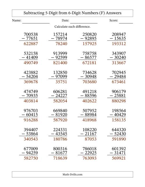 The Subtracting 5-Digit from 6-Digit Numbers With Some Regrouping (28 Questions) (F) Math Worksheet Page 2