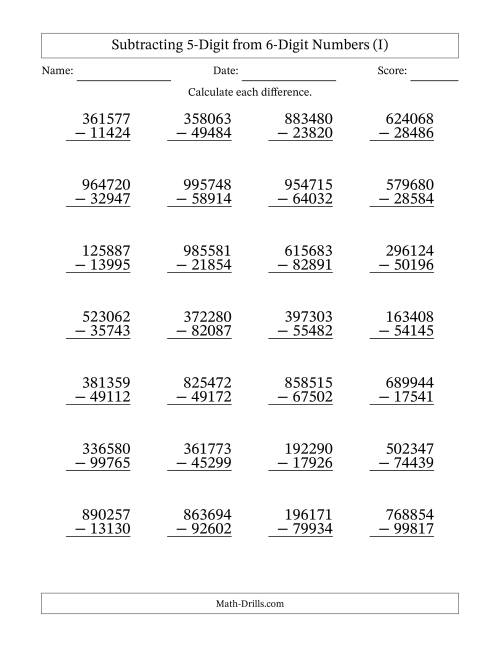 The Subtracting 5-Digit from 6-Digit Numbers With Some Regrouping (28 Questions) (I) Math Worksheet