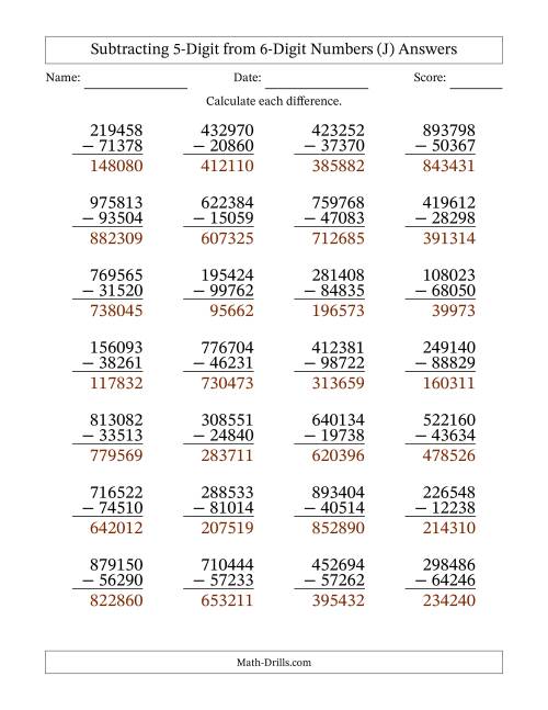 The Subtracting 5-Digit from 6-Digit Numbers With Some Regrouping (28 Questions) (J) Math Worksheet Page 2