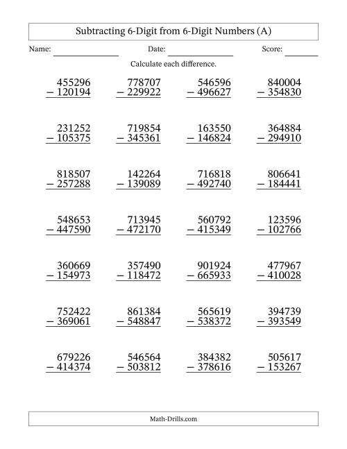The Subtracting 6-Digit from 6-Digit Numbers With Some Regrouping (28 Questions) (A) Math Worksheet