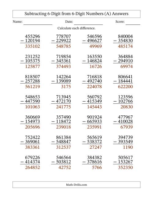 The Subtracting 6-Digit from 6-Digit Numbers With Some Regrouping (28 Questions) (A) Math Worksheet Page 2
