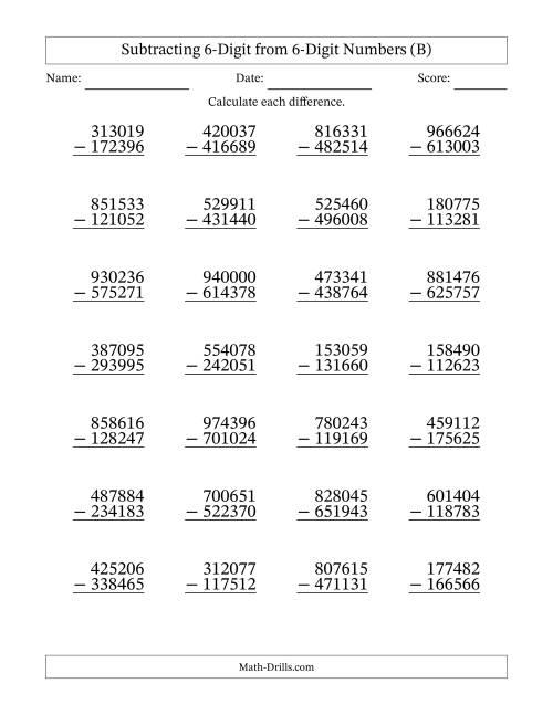 6-Digit Minus 6-Digit Subtraction (B)