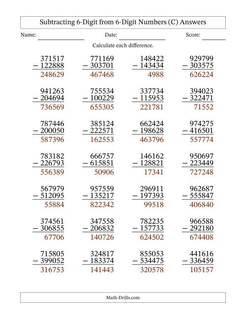 The Subtracting 6-Digit from 6-Digit Numbers With Some Regrouping (28 Questions) (C) Math Worksheet Page 2