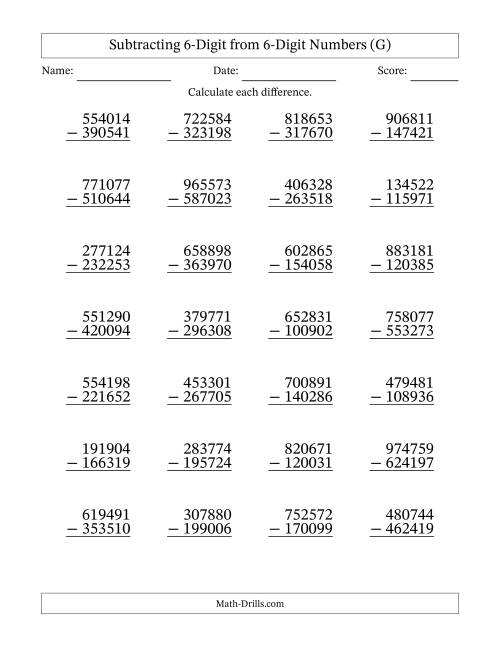 The Subtracting 6-Digit from 6-Digit Numbers With Some Regrouping (28 Questions) (G) Math Worksheet