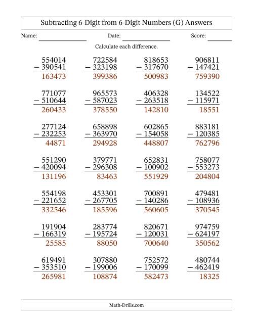 The Subtracting 6-Digit from 6-Digit Numbers With Some Regrouping (28 Questions) (G) Math Worksheet Page 2