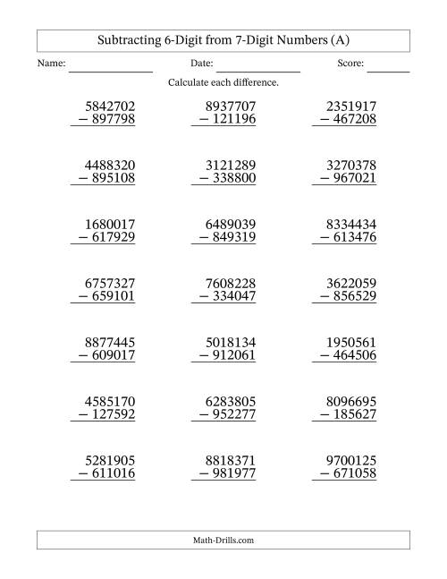 The Subtracting 6-Digit from 7-Digit Numbers With Some Regrouping (21 Questions) (A) Math Worksheet