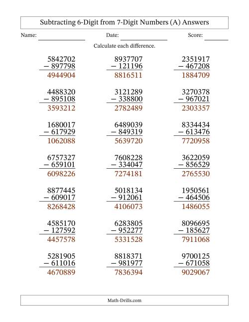 The Subtracting 6-Digit from 7-Digit Numbers With Some Regrouping (21 Questions) (A) Math Worksheet Page 2