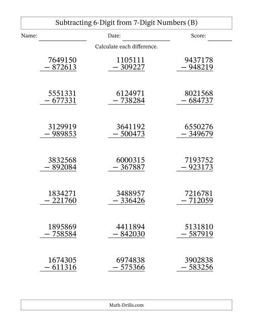 The Subtracting 6-Digit from 7-Digit Numbers With Some Regrouping (21 Questions) (B) Math Worksheet