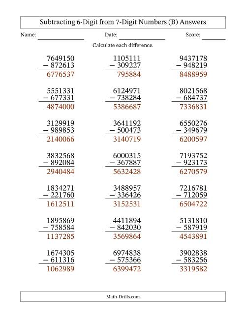 The Subtracting 6-Digit from 7-Digit Numbers With Some Regrouping (21 Questions) (B) Math Worksheet Page 2