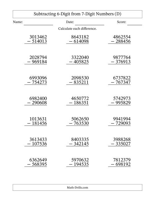 The Subtracting 6-Digit from 7-Digit Numbers With Some Regrouping (21 Questions) (D) Math Worksheet