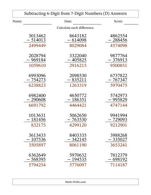 The Subtracting 6-Digit from 7-Digit Numbers With Some Regrouping (21 Questions) (D) Math Worksheet Page 2