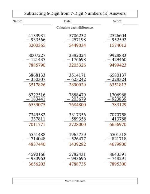The Subtracting 6-Digit from 7-Digit Numbers With Some Regrouping (21 Questions) (E) Math Worksheet Page 2