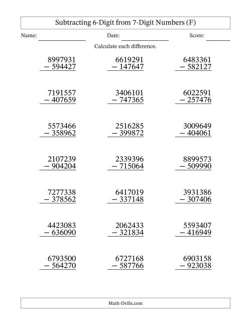 The Subtracting 6-Digit from 7-Digit Numbers With Some Regrouping (21 Questions) (F) Math Worksheet