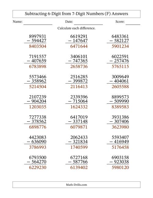 The Subtracting 6-Digit from 7-Digit Numbers With Some Regrouping (21 Questions) (F) Math Worksheet Page 2