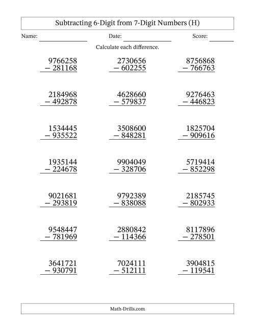 The Subtracting 6-Digit from 7-Digit Numbers With Some Regrouping (21 Questions) (H) Math Worksheet