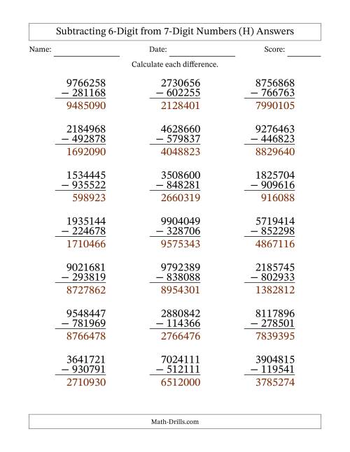 The Subtracting 6-Digit from 7-Digit Numbers With Some Regrouping (21 Questions) (H) Math Worksheet Page 2