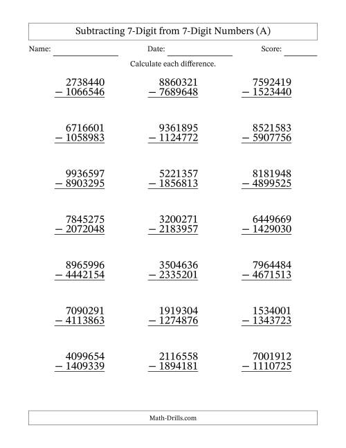 The Subtracting 7-Digit from 7-Digit Numbers With Some Regrouping (21 Questions) (A) Math Worksheet