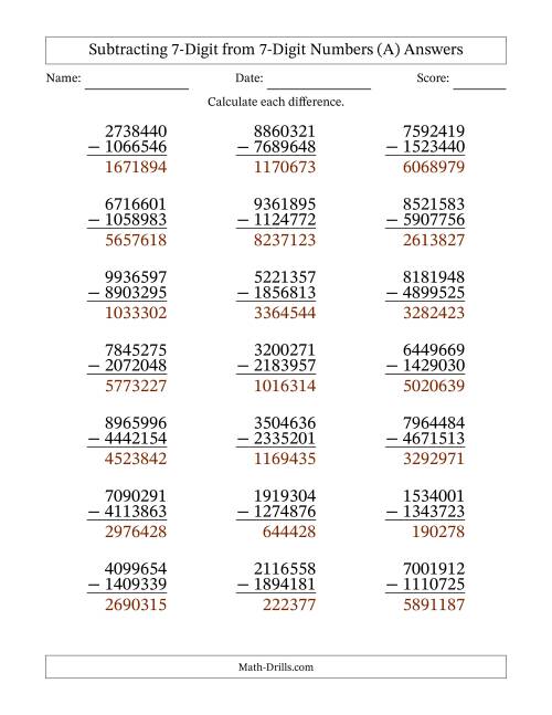 The Subtracting 7-Digit from 7-Digit Numbers With Some Regrouping (21 Questions) (A) Math Worksheet Page 2