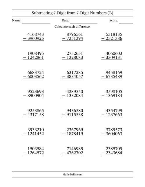 The Subtracting 7-Digit from 7-Digit Numbers With Some Regrouping (21 Questions) (B) Math Worksheet