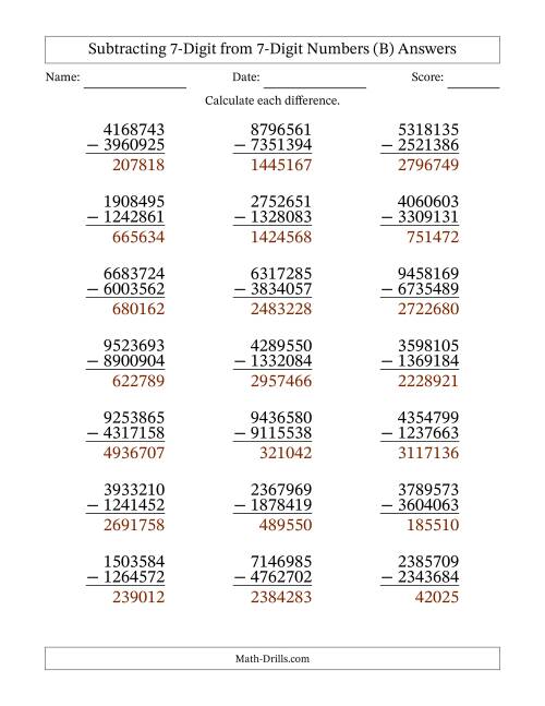 The Subtracting 7-Digit from 7-Digit Numbers With Some Regrouping (21 Questions) (B) Math Worksheet Page 2