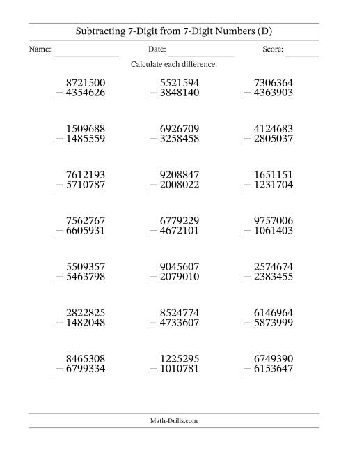 The Subtracting 7-Digit from 7-Digit Numbers With Some Regrouping (21 Questions) (D) Math Worksheet