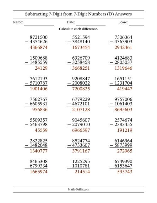 The Subtracting 7-Digit from 7-Digit Numbers With Some Regrouping (21 Questions) (D) Math Worksheet Page 2