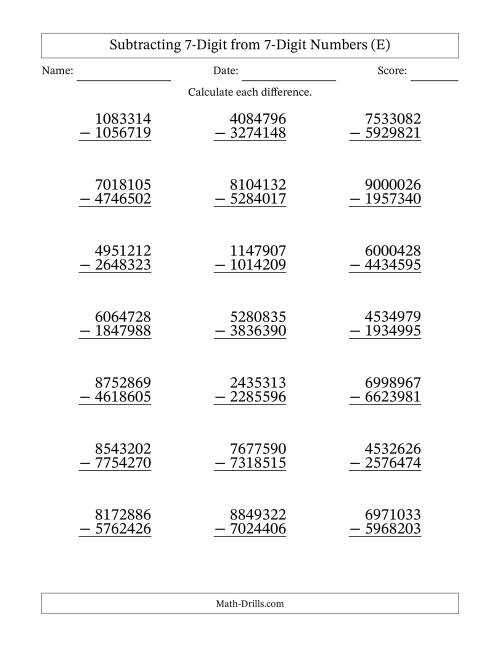 The Subtracting 7-Digit from 7-Digit Numbers With Some Regrouping (21 Questions) (E) Math Worksheet