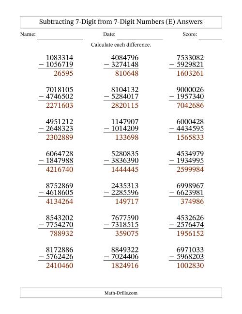 The Subtracting 7-Digit from 7-Digit Numbers With Some Regrouping (21 Questions) (E) Math Worksheet Page 2