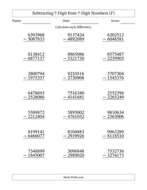 The Subtracting 7-Digit from 7-Digit Numbers With Some Regrouping (21 Questions) (F) Math Worksheet
