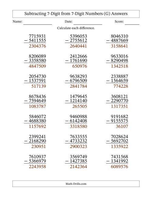 The Subtracting 7-Digit from 7-Digit Numbers With Some Regrouping (21 Questions) (G) Math Worksheet Page 2