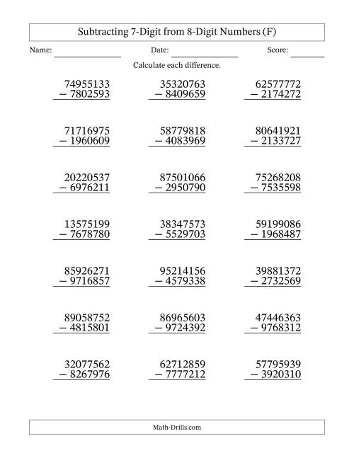 The Subtracting 7-Digit from 8-Digit Numbers With Some Regrouping (21 Questions) (F) Math Worksheet
