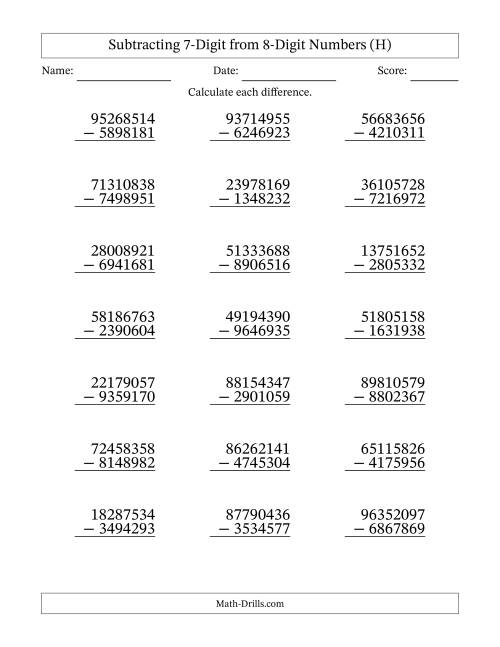 The Subtracting 7-Digit from 8-Digit Numbers With Some Regrouping (21 Questions) (H) Math Worksheet