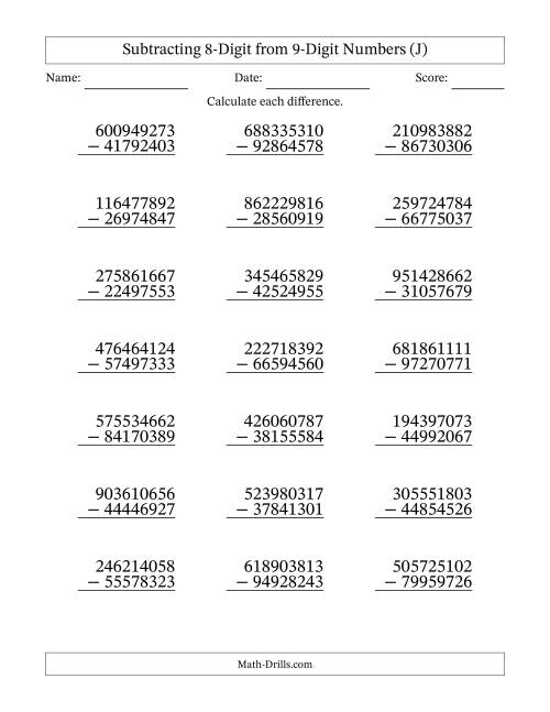 The Subtracting 8-Digit from 9-Digit Numbers With Some Regrouping (21 Questions) (J) Math Worksheet