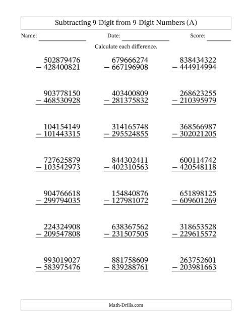 The Subtracting 9-Digit from 9-Digit Numbers With Some Regrouping (21 Questions) (A) Math Worksheet