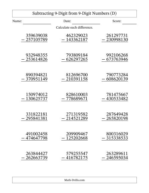 The Subtracting 9-Digit from 9-Digit Numbers With Some Regrouping (21 Questions) (D) Math Worksheet