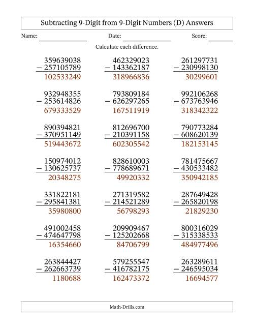 The Subtracting 9-Digit from 9-Digit Numbers With Some Regrouping (21 Questions) (D) Math Worksheet Page 2