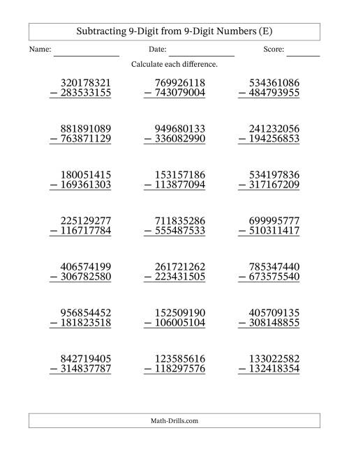 The Subtracting 9-Digit from 9-Digit Numbers With Some Regrouping (21 Questions) (E) Math Worksheet