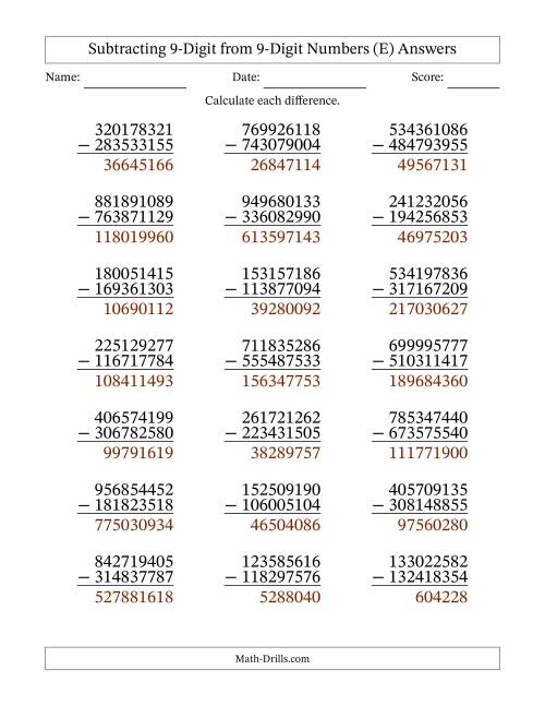 The Subtracting 9-Digit from 9-Digit Numbers With Some Regrouping (21 Questions) (E) Math Worksheet Page 2
