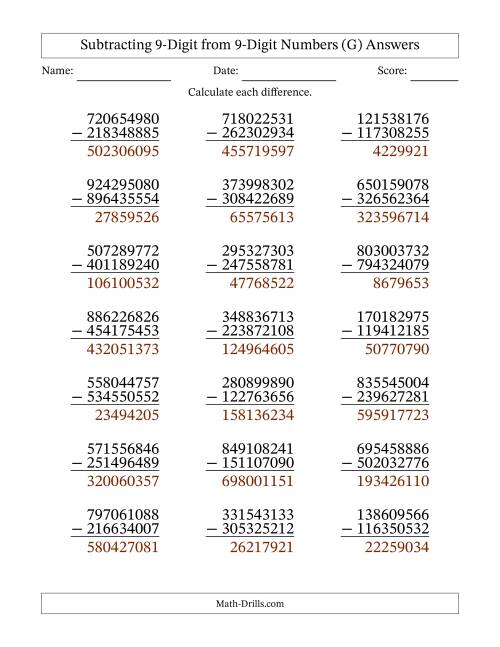 The Subtracting 9-Digit from 9-Digit Numbers With Some Regrouping (21 Questions) (G) Math Worksheet Page 2