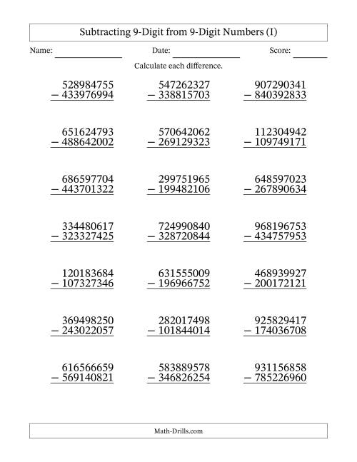 The Subtracting 9-Digit from 9-Digit Numbers With Some Regrouping (21 Questions) (I) Math Worksheet