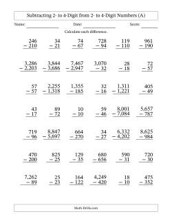 Subtracting 2- to 4-Digit from 2- to 4-Digit Numbers With Some Regrouping (42 Questions) (Comma Separated Thousands)