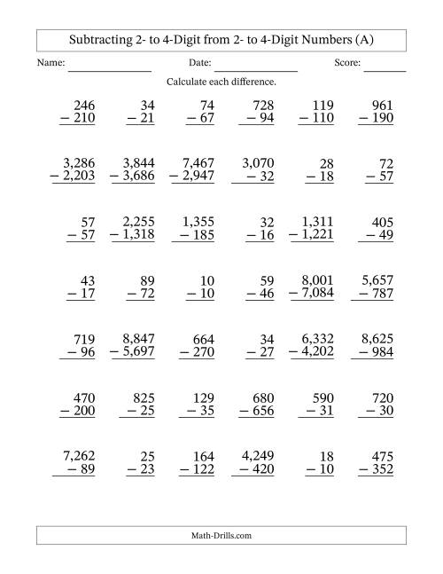 The Subtracting 2- to 4-Digit from 2- to 4-Digit Numbers With Some Regrouping (42 Questions) (Comma Separated Thousands) (A) Math Worksheet