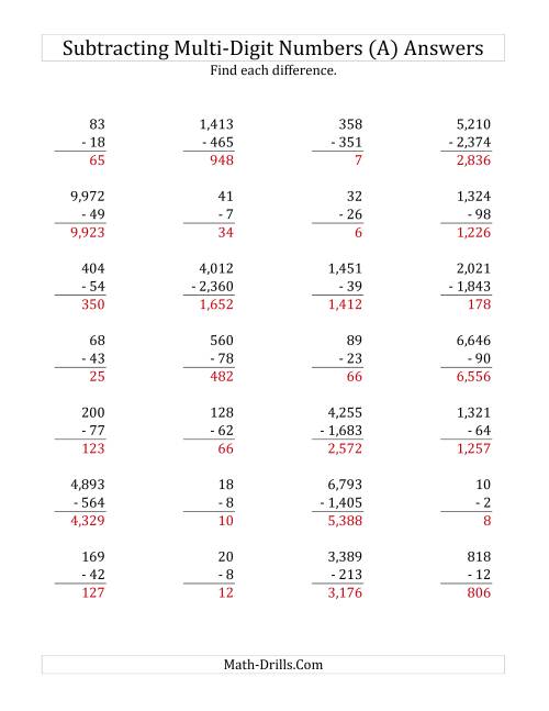 subtracting various multi digit numbers from 2 to 4 digits