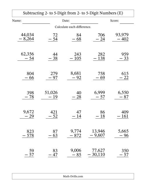 Subtracting Various Multi-Digit Numbers from 2- to 5-Digits with Comma ...