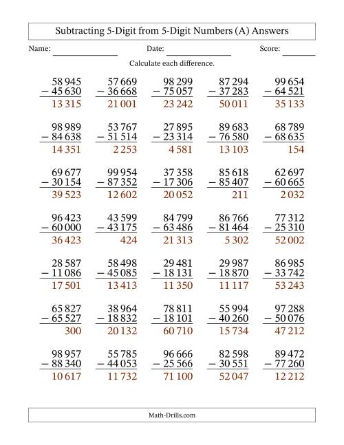 The Subtracting 5-Digit from 5-Digit Numbers With No Regrouping (35 Questions) (Space Separated Thousands) (A) Math Worksheet Page 2