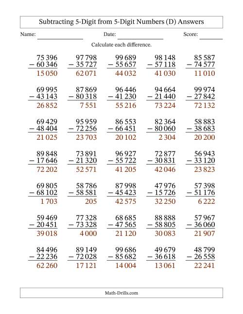 The Subtracting 5-Digit from 5-Digit Numbers With No Regrouping (35 Questions) (Space Separated Thousands) (D) Math Worksheet Page 2