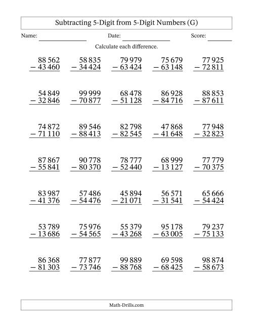 The Subtracting 5-Digit from 5-Digit Numbers With No Regrouping (35 Questions) (Space Separated Thousands) (G) Math Worksheet